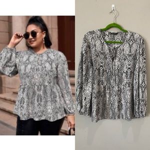 SHEIN snake print 1X babydoll tie neck top black white